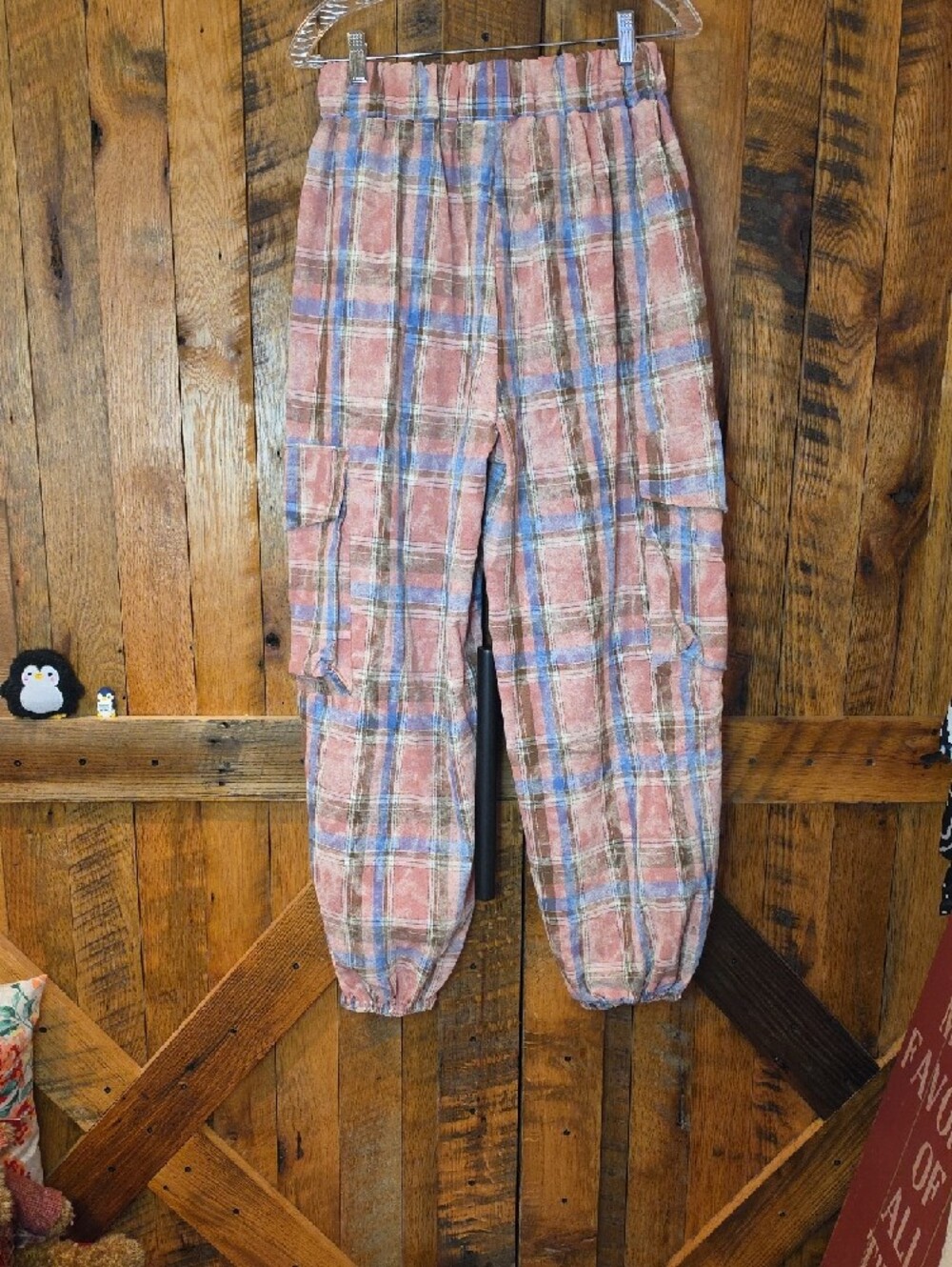 036p POL Pink & Blue Plaid Cargo Joggers - Picture 12 of 12